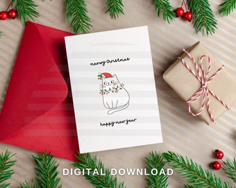 ¡Feliz Navidad, miau! Tarjeta navideña imprimible, divertida y adorable, para amantes de los gatos. Descarga digital.