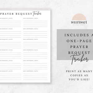 May include: Printable prayer request tracker with a simple design. The tracker has lines for writing down prayer requests and when God answered them. The text "PRAYER REQUEST Tracker" is at the top of the page.