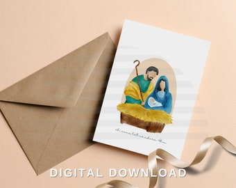 Natividad en acuarela, tarjeta imprimible, tarjeta navideña, tarjeta de felicitación navideña, descarga instantánea, adorémoslo