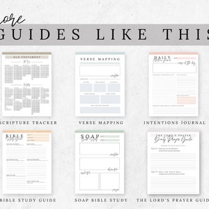 May include: A collection of printable guides for Bible study, verse mapping, and daily intentions journaling. The guides feature a minimalist design with soft colors and simple typography.