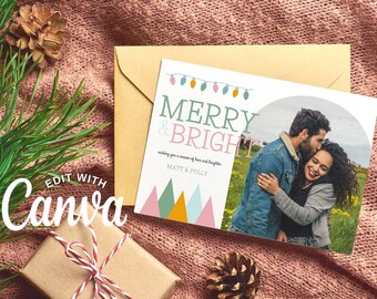 Feliz y brillante, tarjeta de Navidad personalizable, tarjeta navideña editable, Canva, descarga instantánea