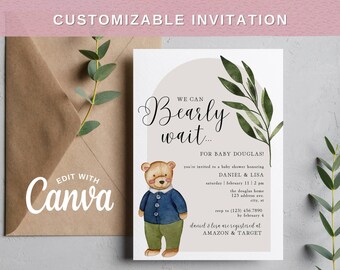 Invitación editable de baby shower de género neutro, baby shower con temática de oso de acuarela, personalizable en Canva, descarga digital