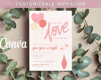Nuestra pequeña invitación de baby shower de amor, baby shower temático de corazones de San Valentín, personalizable en Canva, descarga digital