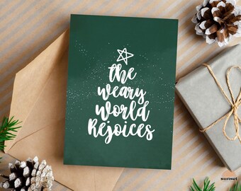Imprimir en casa tarjeta de Navidad, El mundo cansado se regocija arte, oh noche santa, tarjeta de Navidad imprimible moderna, descarga digital