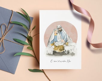 Natividad de acuarela, tarjeta imprimible, tarjeta de Navidad, tarjeta de felicitación navideña, descarga instantánea, adorémoslo