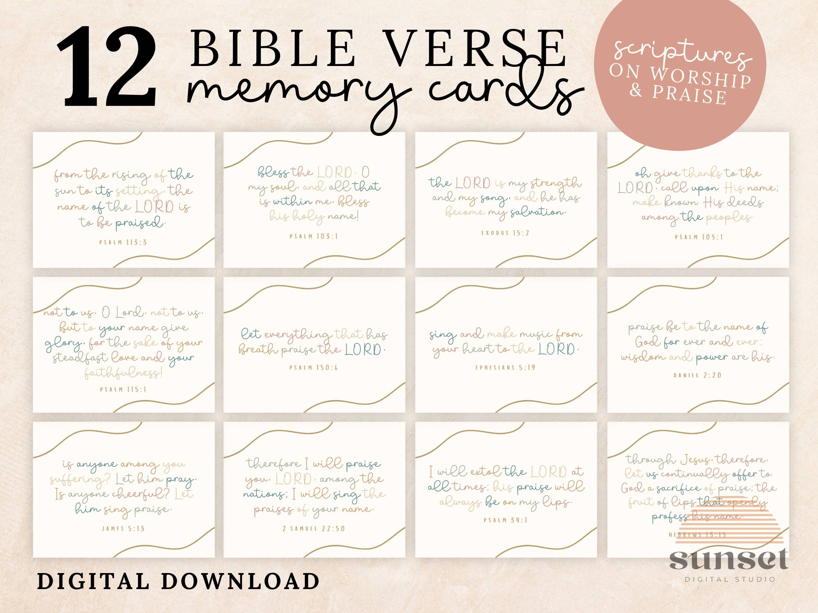 12 Printable Praise and Worship Bible Verse Cards, Encouraging ...