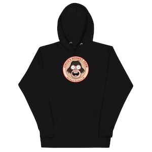 May include: Black hooded sweatshirt with a red and white logo featuring a cartoon monkey with the text "Chico's Monkey Farm Northern Southern RI".