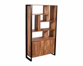 SOLID WOOD BOOKCASE with 2 doors tall wood bookcase industrial bookcase mid century bookcase shelving unit