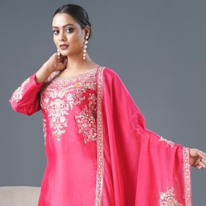 Pure Chinnon Silk With Heavy Embroidery Coding Dori-Sequence Work With Full Sleeve Chinon Kurti Bottom Set Kurta Set