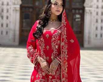 Red Georgette Sharara Suit: Embroidered Kurta, Pant & Dupatta