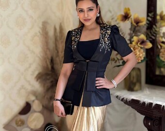 Indo-Western Dhoti Set Three Piece Western Outfit For Trendy Wedding Season Golden Dhoti and Black Blaze