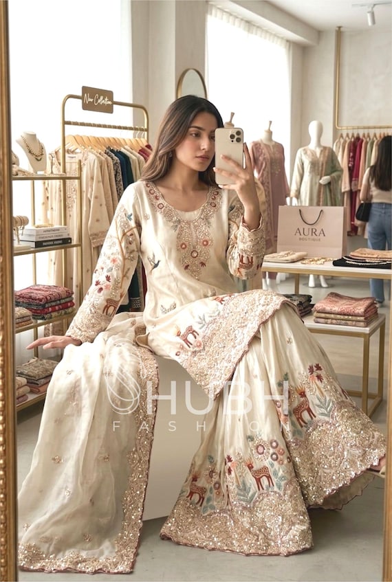 Traditional Indian Kurta Set | Cream Sharara Suit with Heavy Embroidery | Wedding Guest Outfit