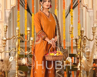 Festive Indian Outfit for Women Designer Kurta Set with Mirror Work & Printed Dupatta