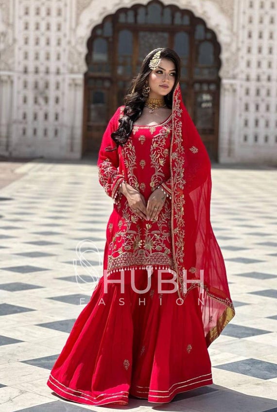 red sharara dress Red Georgette Sharara Suit: Embroidered Kurta, Pant & Dupatta
