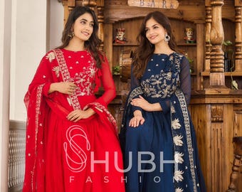 Embroidered Faux Georgette Anarkali Gown: Bollywood Festival Wear with Dupatta