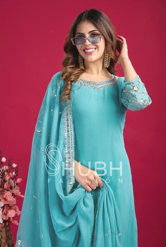 aqua blue indian dress V Neck Hot Pink Royal Blue Long Prom Dresses, Hot Pink Royal Blue Long –  jbydress main image 0