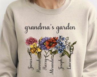 Grandma's Garden Sweatshirt, Personalized Birthflower Sweater, Family Name Pullover, Gift for Grandkids, Mothers Day Gift