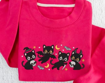 Cute Black Cat Embroidered Hoodie, Halloween Cats with Moons and Bats Sweatshirt, Spooky Season Cozy Autumn Pullover Sweet Thread Kitty Gift