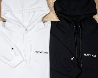 Embroidery  Custom Roman Numeral Hoodie, Embroidered Sweatshirt, Personalized Couples Gift, Engagement Hoodie, Custom Date & Initial Sweat