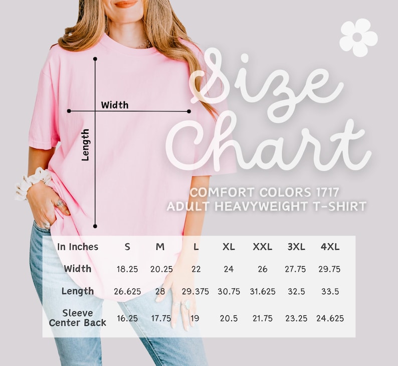 以下が含まれることがあります： Sから4XLまでの大人用ヘビーウェイトTシャツのサイズチャート。寸法は、幅、長さ、袖、背中のセンターをインチで示しています。