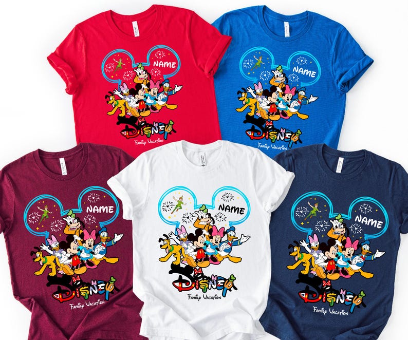 a collection of Disney-themed t-shirts, each featuring the iconic characters Mickey Mouse, Minnie Mouse, Donald Duck, Goofy, and Pluto. The t-shirts are arranged in a grid-like pattern, showcasing the variety of designs and colors available for fans of the Disney brand.