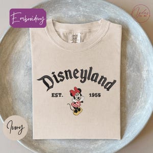 A beige t-shirt with the text "Disneyland EST. 1955" and a Minnie Mouse graphic, placed on a gray plate.