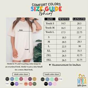 The image is a size guide for a t-shirt, showing the measurements and corresponding color charts for different age groups.