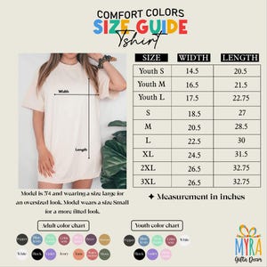 The image is a size guide for a t-shirt, showing the measurements and corresponding color charts for different age groups.