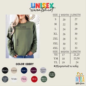 May include: Unisex sweatshirt size chart with measurements in inches. The chart shows the width and length of the sweatshirt in inches for sizes S through 4XL, as well as for youth sizes YS, YM, and YL.