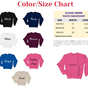 The image is a color/size chart for a youth sweatshirt, displaying various color options and corresponding measurements.
