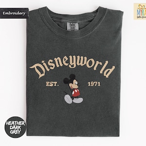 A gray t-shirt with a Mickey Mouse design and text that says "Disneyworld EST. 1971".