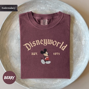 A maroon t-shirt with the text "Disneyworld" and "EST. 1971" printed on it, along with a Mickey Mouse graphic. The t-shirt is displayed on a white plate.