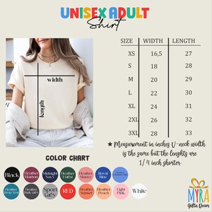 May include: Unisex adult t-shirt size chart with measurements in inches. The chart shows the width and length of the shirt in different sizes, from XS to 3XL. The chart also includes a color chart with various colors, including black, heather maroon, midnight navy, heather forest, heather mauve, royal blue, heather columbia blue, heather deep teal, heather dark grey, sport grey, red, heather sunset, heather peach, light pink, and white.