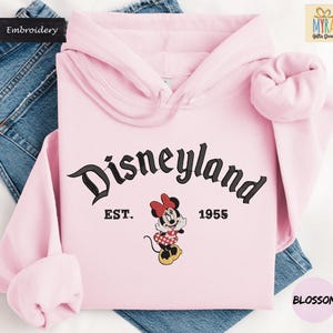 A pink hoodie with the text "Disneyland EST. 1955" and a Minnie Mouse graphic, along with a pair of blue jeans.