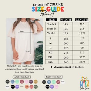 The image is a size guide for a t-shirt, showing the measurements and corresponding color charts for different age groups.