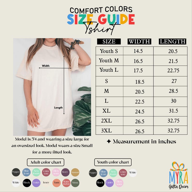 The image is a size guide for a t-shirt, showing the measurements and corresponding color charts for different age groups.