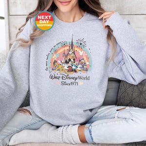 May include: A gray sweatshirt with a colorful graphic of Mickey Mouse and friends in front of Cinderella's Castle. The text "The most magical place on Earth" and "Walt Disney World Since 1971" are printed on the sweatshirt.
