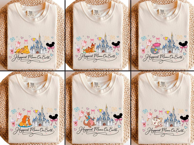 The image is a collage of six white t-shirts, each featuring a Disney-themed design with various Disney characters and landmarks, such as a castle, Mickey Mouse, and other iconic figures.