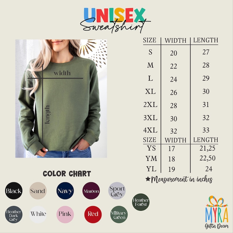 The image is a color chart for a unisex sweatshirt, showing the size and width measurements for different colors.