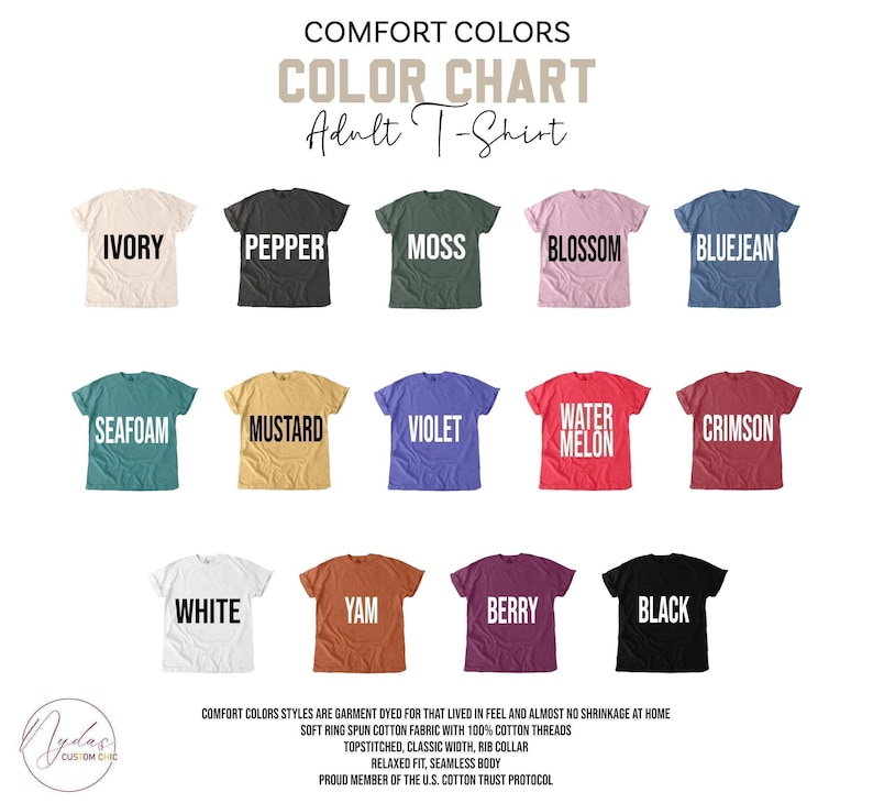a color chart for adult t-shirts, featuring various color options such as Ivory, Pepper, Moss, Blossom, Bluejeans, Seafoam, Mustard, Violet, Watermelon, Crimson, White, Yam, Berry, Black, and Berry.