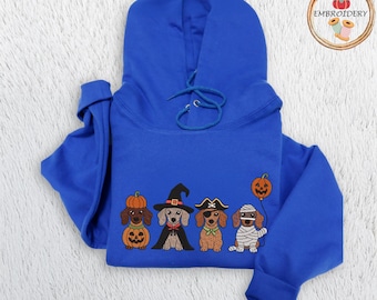 Spooky Dogs Embroidered Sweatshirt, Halloween Puppy Crewneck with Pumpkin Witch Pirate Mummy, Fall Dog Lover Cozy Hoodie, Cute Unisex Gift