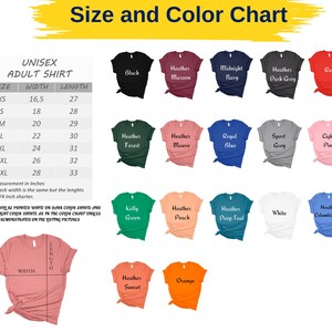 The image is a size and color chart for adult shirts, displaying various sizes and colors available in the collection.
