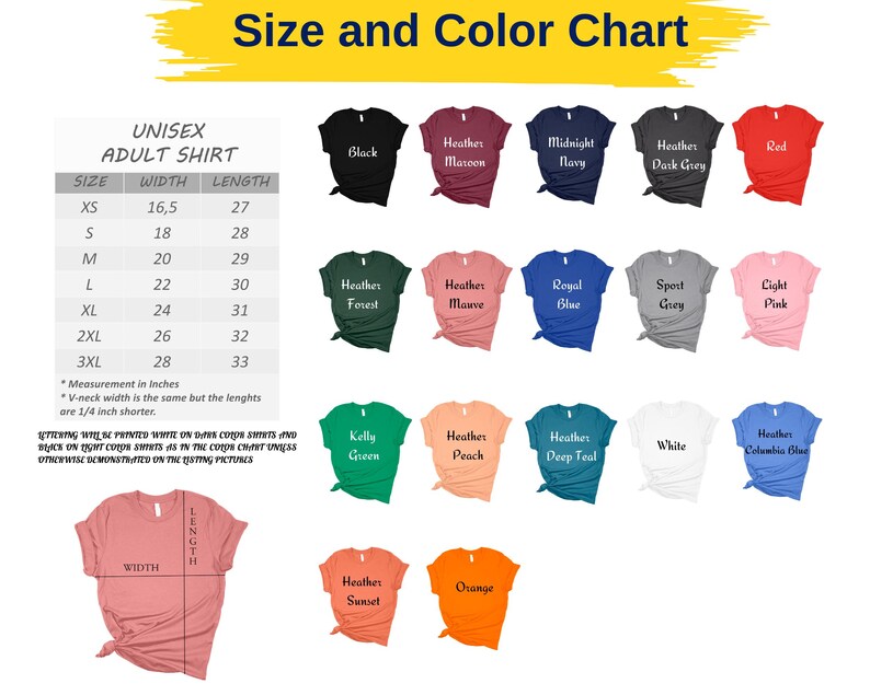 The image is a size and color chart for adult shirts, displaying various sizes and colors available in the collection.