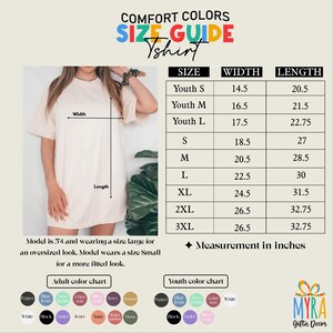 The image is a size guide for a t-shirt, showing the measurements and corresponding color charts for different age groups.