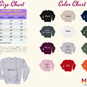 May include: Size chart and colour chart for Gildan 18000 adult sweatshirts. The chart shows sizes from S to 4XL with corresponding width and length measurements in inches. The colour chart shows 12 different colours, including black, sand, navy, heather dark grey, white, heather forest, maroon, sport grey, military green, light pink, red, and orange.