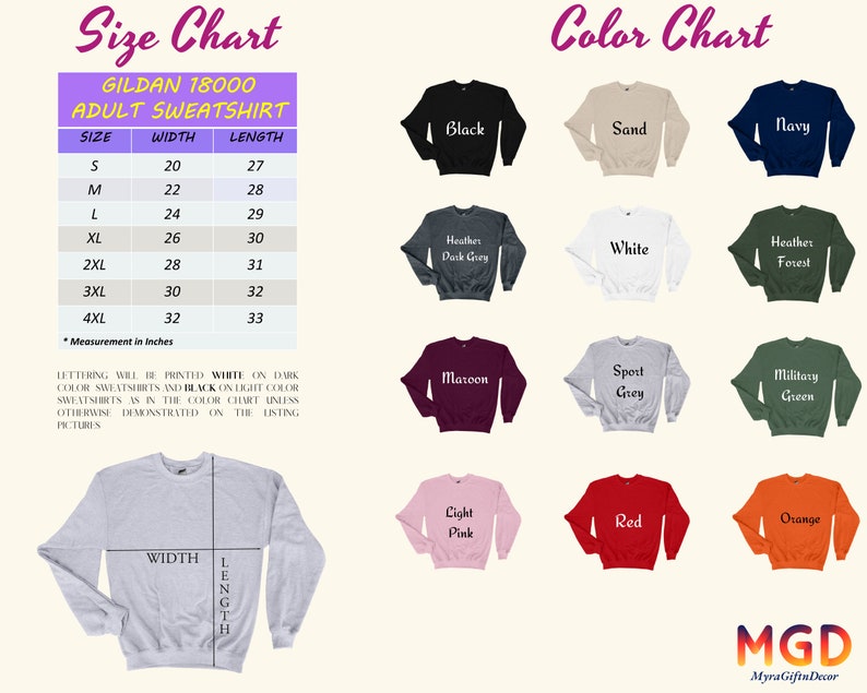 May include: Size chart and colour chart for Gildan 18000 adult sweatshirts. The chart shows sizes from S to 4XL with corresponding width and length measurements in inches. The colour chart shows 12 different colours, including black, sand, navy, heather dark grey, white, heather forest, maroon, sport grey, military green, light pink, red, and orange.