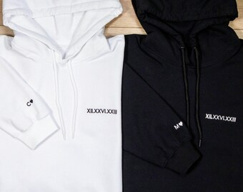 Embroidery  Custom Roman Numeral Hoodie, Embroidered Sweatshirt, Personalized Couples Gift, Engagement Hoodie, Custom Date & Initial Sweat