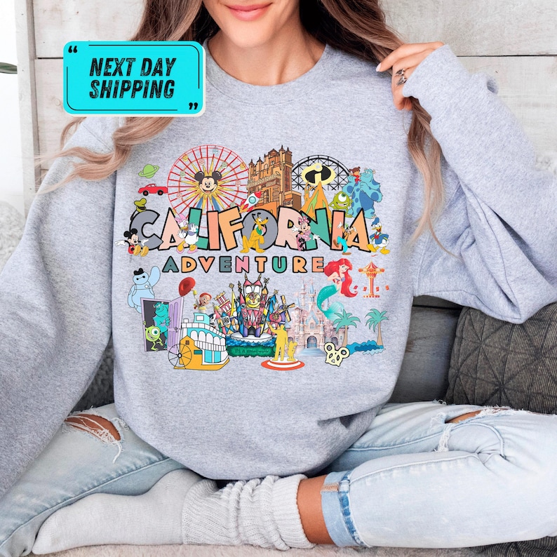 A person wearing a gray sweatshirt with a colorful graphic design depicting various California-themed elements, such as a ferris wheel, roller coaster, and palm trees.