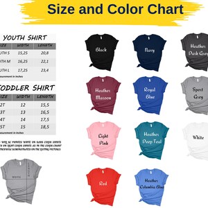 The image is a size and color chart that displays various t-shirt designs and their corresponding measurements. It includes a youth shirt and a toddler shirt, both with different color options and sizes. The chart provides a visual representation of the available sizes and colors for these types of shirts.