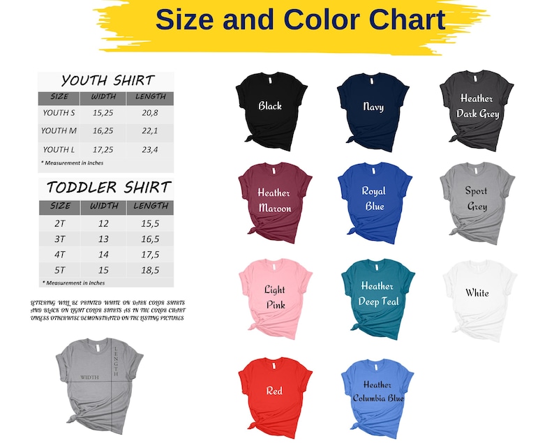 The image is a size and color chart that displays various t-shirt designs and their corresponding measurements. It includes a youth shirt and a toddler shirt, both with different color options and sizes. The chart provides a visual representation of the available sizes and colors for these types of shirts.